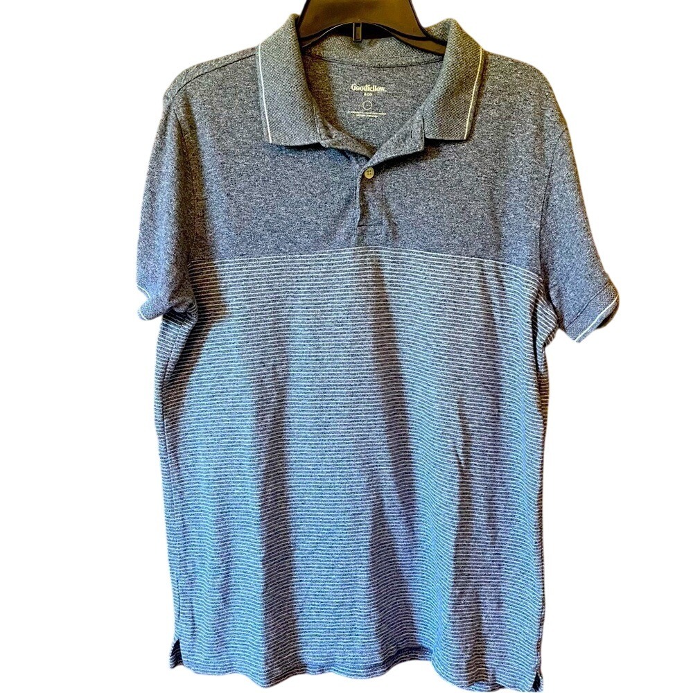 Goodfellow & Co Mens Navy Blue Striped Short Sleeve Polo Shirt Standard Fit L